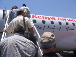 Mission trip participants boarding a plane